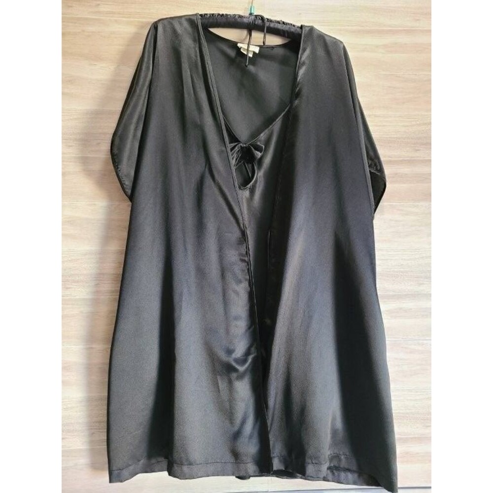 Intimate Moods Black Satin Robe & Nightgown Set M Keyhole Slip Lingerie